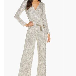 Sequin Wrap Front Long Sleeve Jumpsuit